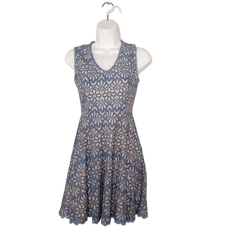 Dress Forum Blue Floral Lace Sleeveless Fit Flare Mini Dress Pom Pom Trim Small